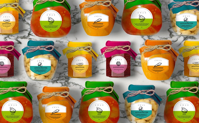 罐裝食品插畫包裝設計-覆盆子果醬，瓜果醬，腌制蘑菇，蔬菜魚子醬和檸檬汁