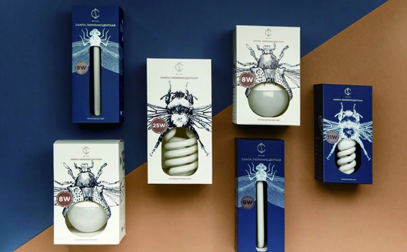 燈具插畫包裝設計,包裝色彩上采用白色和藍色的搭配，增加品牌的品質感